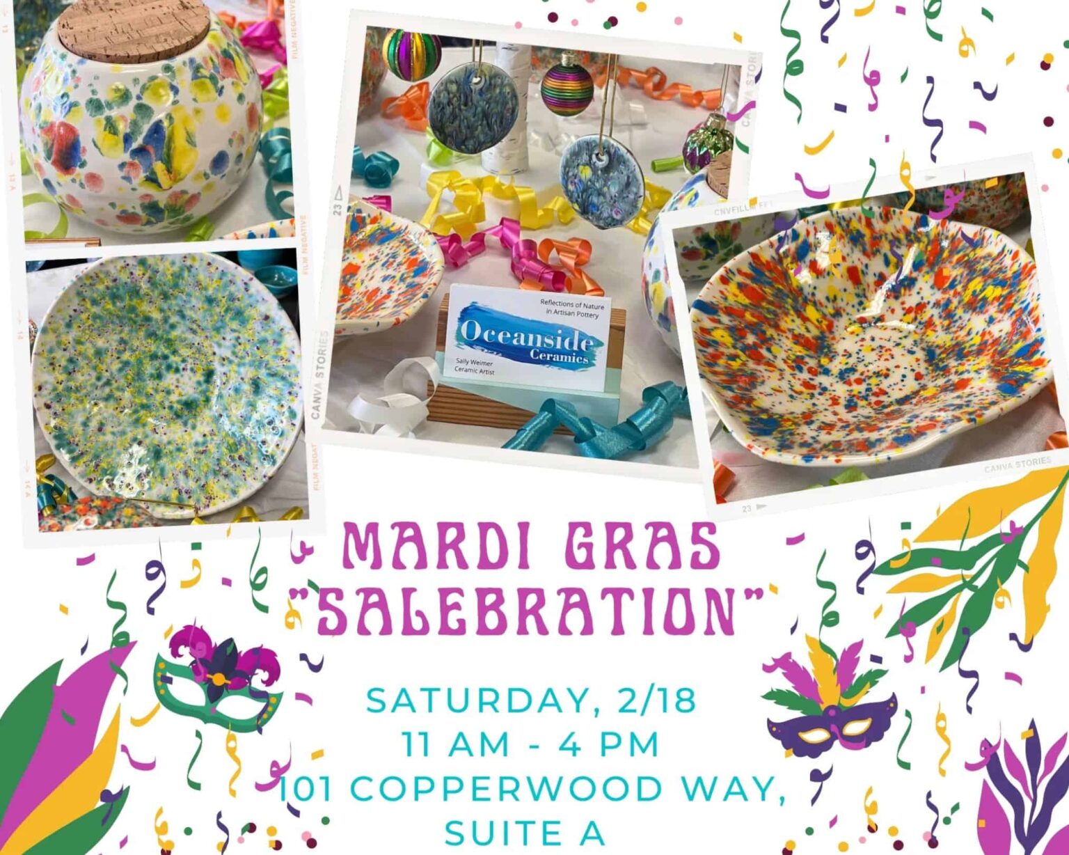 Mardi Gras “Salebration” at Oceanside Ceramics February 18, 2023 Oceanside, CA